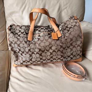 Coach Brown Signature Canvas Travel Weekender with Tan Leather Trim